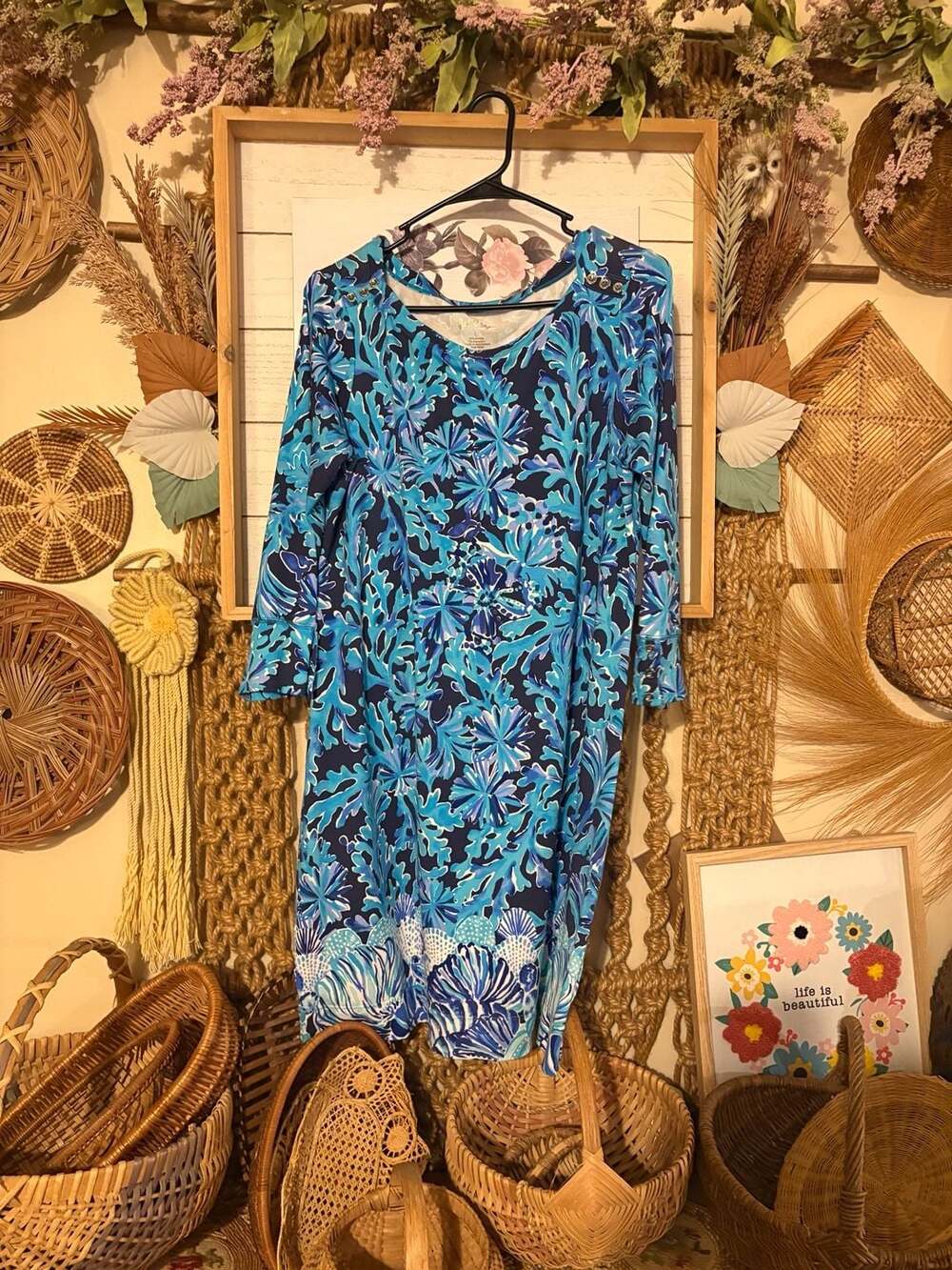 Lilly Pulitzer Blue Tropical Seashell Print 3/4 Sleeve Dress